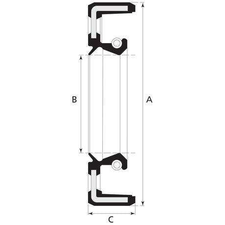 Technical diagram of a mechanical component with labeled dimensions A (vertical), B (middle vertical), and C (horizontal). This diagram is essential for understanding the precise fitting of a Sparex Metric Rotary Shaft Seal, 50 x 80 x 8mm Double Lip (Sparex Part No. S.50385) in Massey Ferguson machinery.