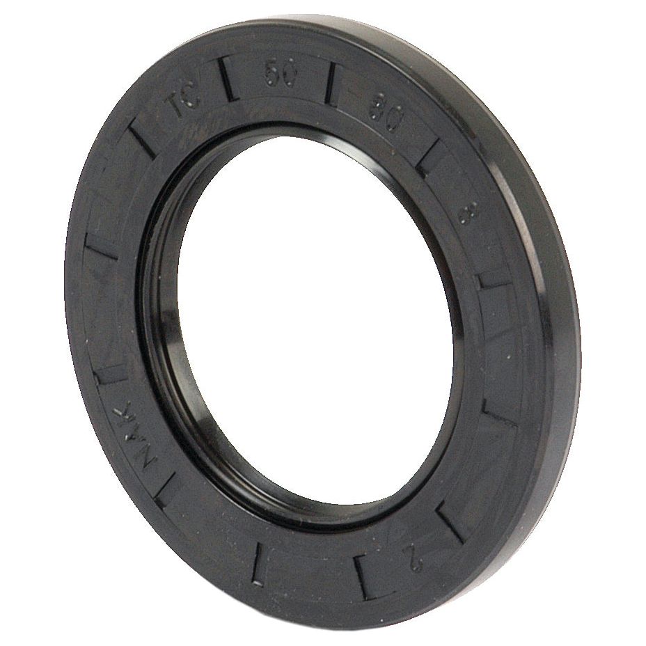 Close-up image of a Sparex Metric Rotary Shaft Seal, 50 x 80 x 8mm Double Lip (Sparex Part No. S.50385) with text and numbers embossed on its black rubber surface.