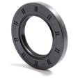 Close-up image of a black rubber Metric Rotary Shaft Seal, 52 x 85 x 10mm Double Lip | Sparex Part No. S.50399 with grooves and markings on the outer edge. This Sparex metric rotary shaft seal features a smooth and circular inner ring, along with a double lip design for enhanced sealing.