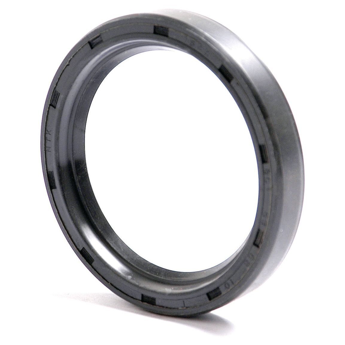 A close-up of the Metric Rotary Shaft Seal, 53 x 68 x 10mm Single Lip (Sparex Part No. S.50400) from Sparex, featuring its black rubber composition with a circular shape, outer ridges, and a smooth inner surface.