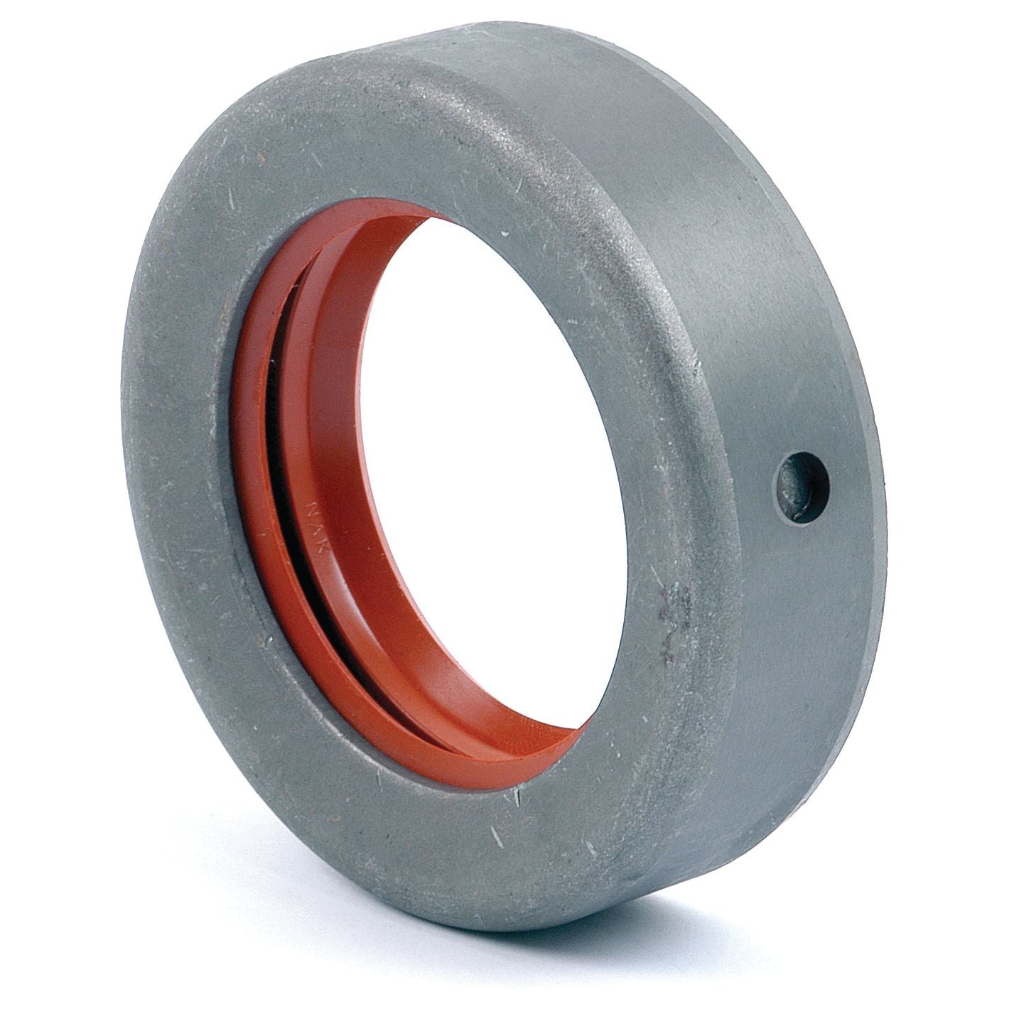 A circular gray metal ring with a red interior lining, similar to the Metric Rotary Shaft Seal (54 x 81 x 21mm) from Sparex (Part No. S.40908), features a small hole on the side.