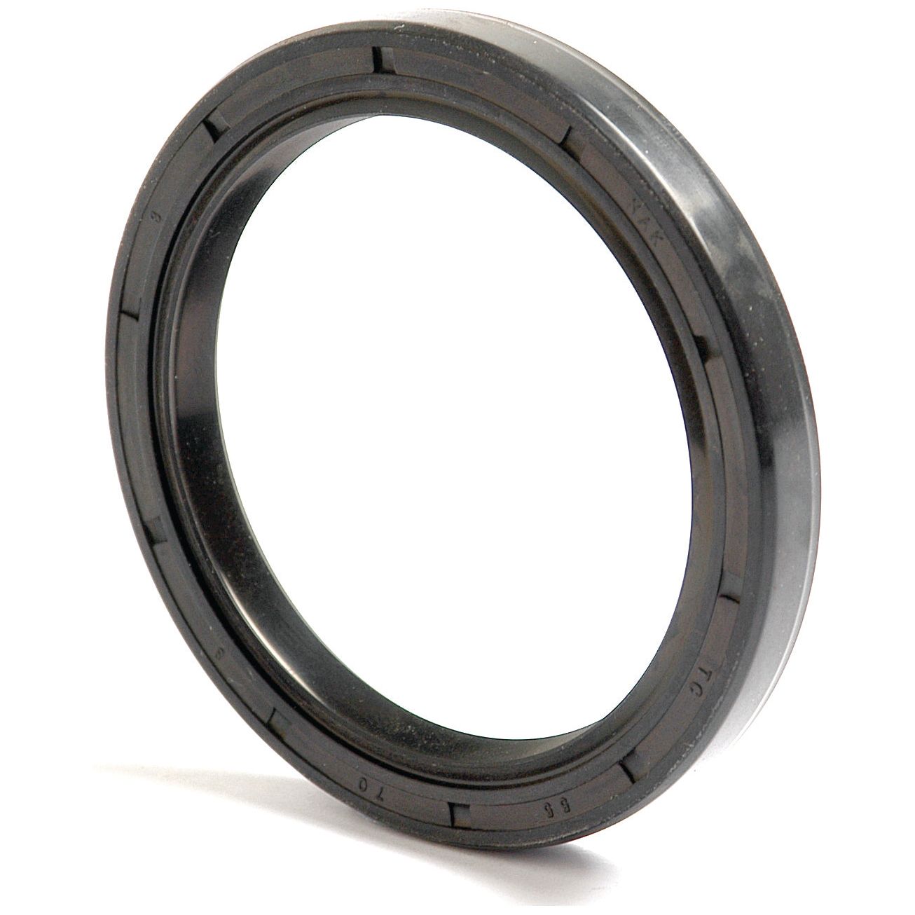 A black rubber oil seal ring, featuring a metallic core and double lip design, stands upright on a white background. This Sparex Metric Rotary Shaft Seal (Part No. S.50402) measures 55 x 70 x 8mm.
