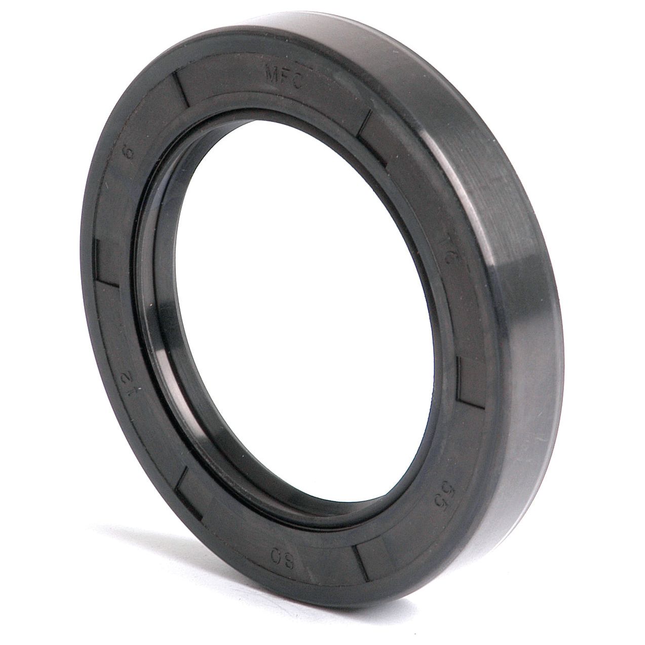 A Sparex Metric Rotary Shaft Seal, 55 x 80 x 12mm Double Lip (Part No. S.50409), is a circular black rubber oil seal featuring various numbers and letters inscribed on its surface.