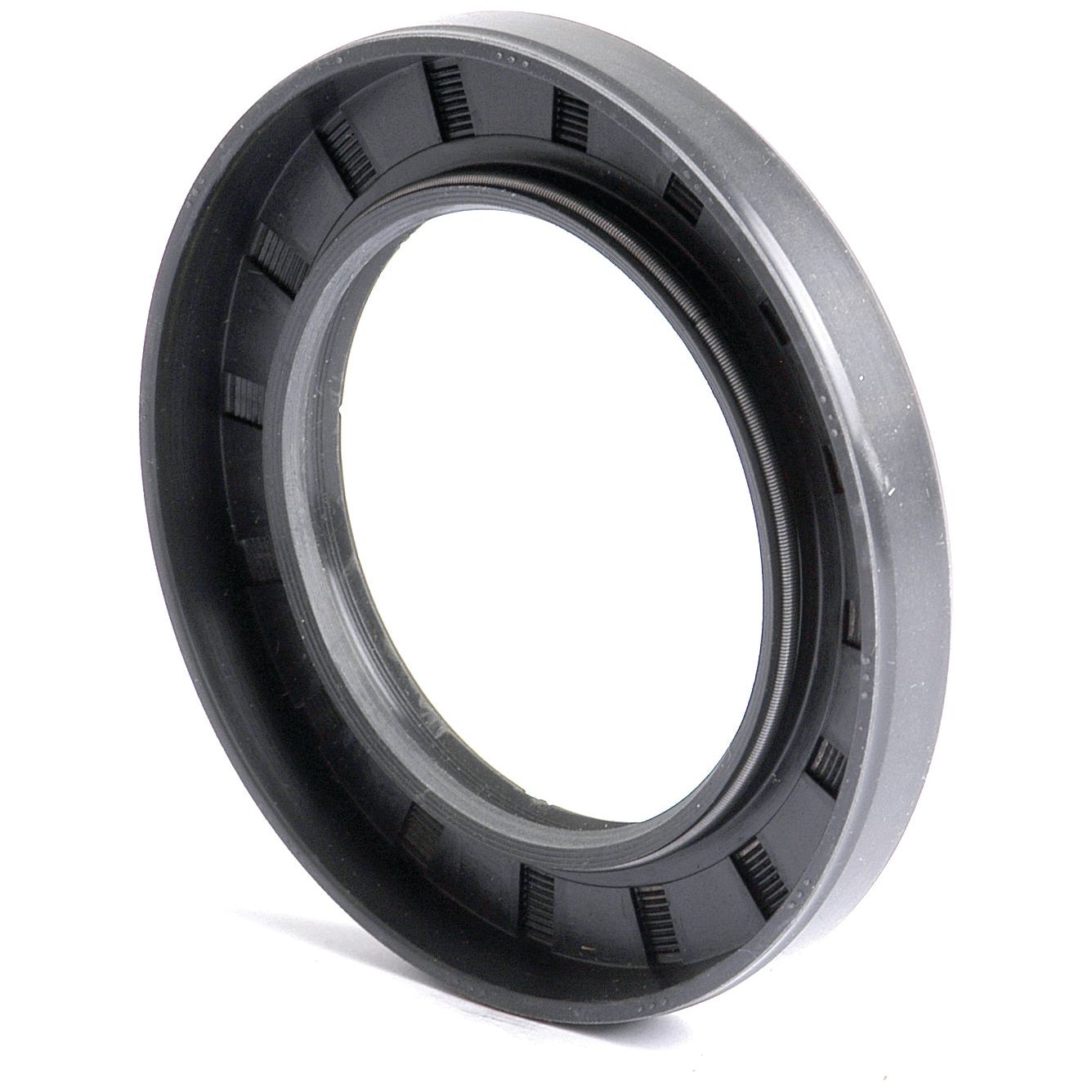 Close-up of the Sparex Metric Rotary Shaft Seal, 55 x 85 x 10mm Double Lip (Part No. S.50411), featuring a black rubber construction with a ribbed interior and smooth exterior surface, designed to prevent lubricant leakage in machinery. This seal ensures optimal performance and durability.