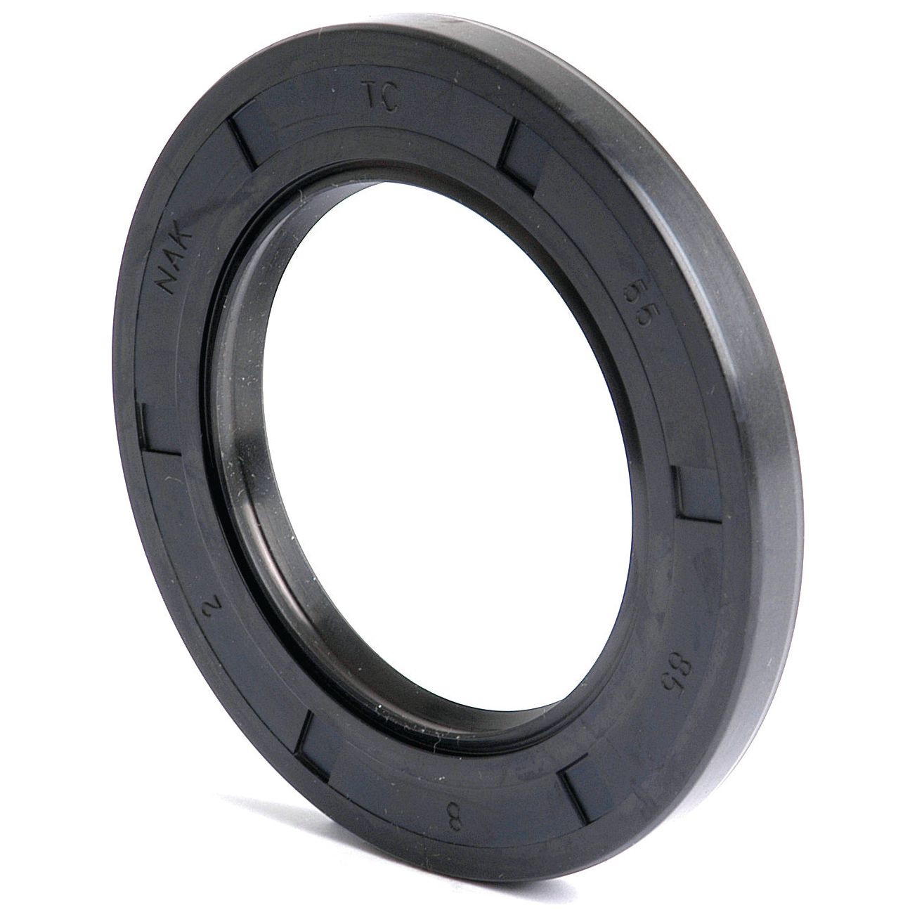 The Sparex Metric Rotary Shaft Seal (Part No. S.50410), designed with a Double Lip and measuring 55 x 85 x 8mm, is a black circular rubber oil seal featuring embossed markings to enhance performance and prevent fluid leakage in machinery.