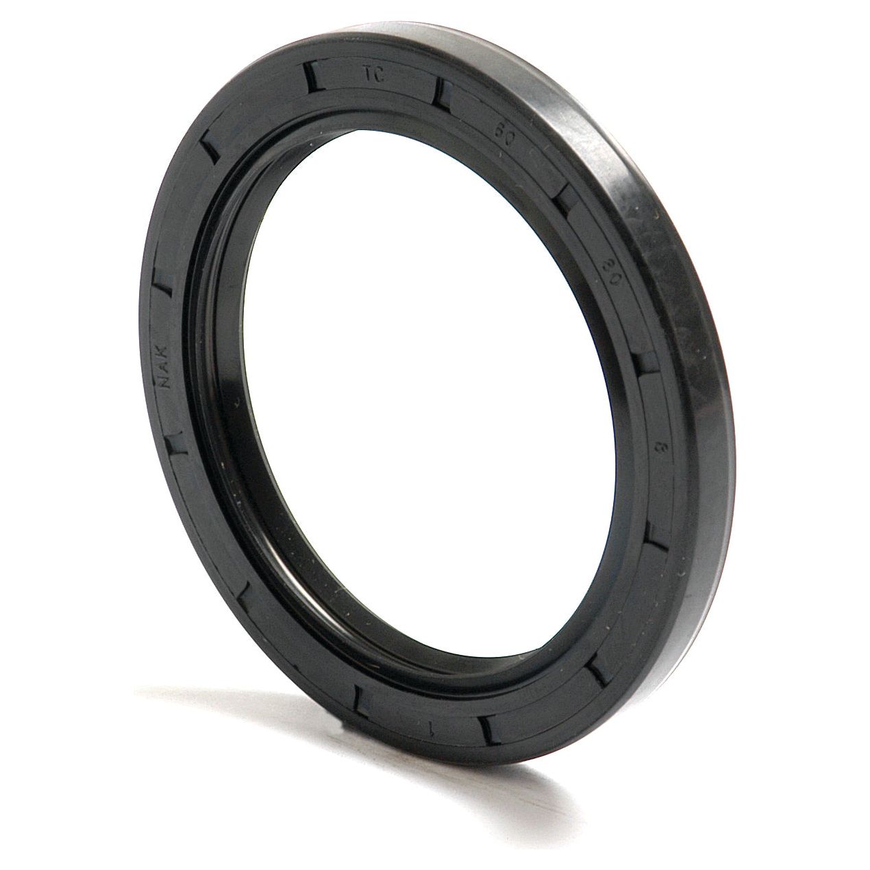 Close-up image of a black rubber Sparex Metric Rotary Shaft Seal, 60 x 80 x 8mm (Sparex Part No.S.50423), featuring ridges along the circumference and a double lip design.