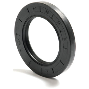 A black rubber oil seal with engraved markings "TC," "60," "95," and "10" on its outer edge stands upright on a white background. This 60 x 95 x 10mm Metric Rotary Shaft Seal by Sparex (Part No.S.50430) features a double lip for enhanced performance.