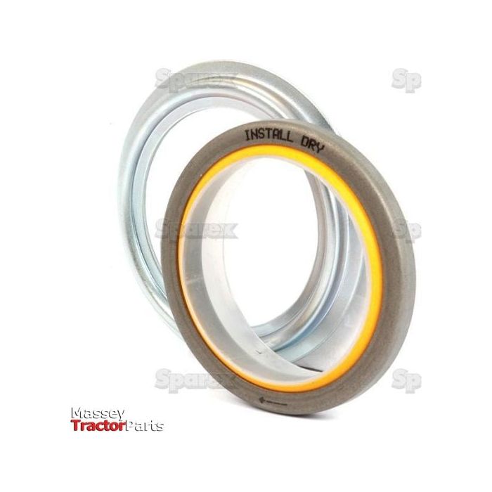 A circular tractor part, identified as the Metric Rotary Shaft Seal (62 x 79.75 x 10mm), featuring an inner yellow ring and the text "INSTALL DRY," is displayed against a white background. The Massey Tractor Parts logo is visible in the bottom left corner. This piece, also known by its Sparex Part No.S.59506, is essential for maintaining your equipment's performance.