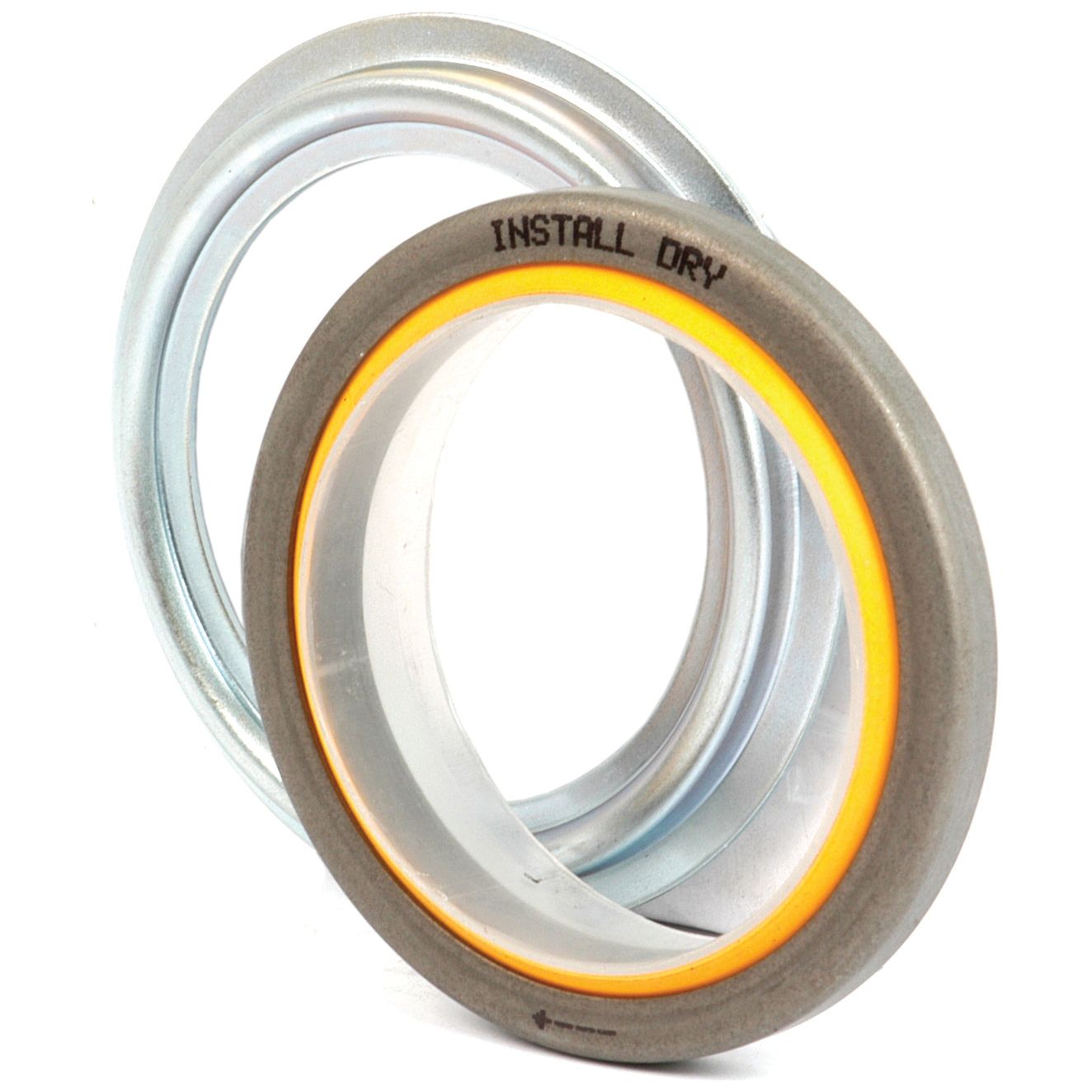 Two metal circular seals, one engraved with "INSTALL DRY," are positioned next to each other. Ideal for a Case IH Harvester, these Metric Rotary Shaft Seals (62 x 79.75 x 10mm, Sparex Part No.S.59506) from Sparex ensure top-notch performance.