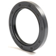 Close-up of the Sparex Metric Rotary Shaft Seal, 62 x 85 x 10mm Double Lip (Part No. S.50432) made of black rubber with a thin, circular design, featured on a white background.
