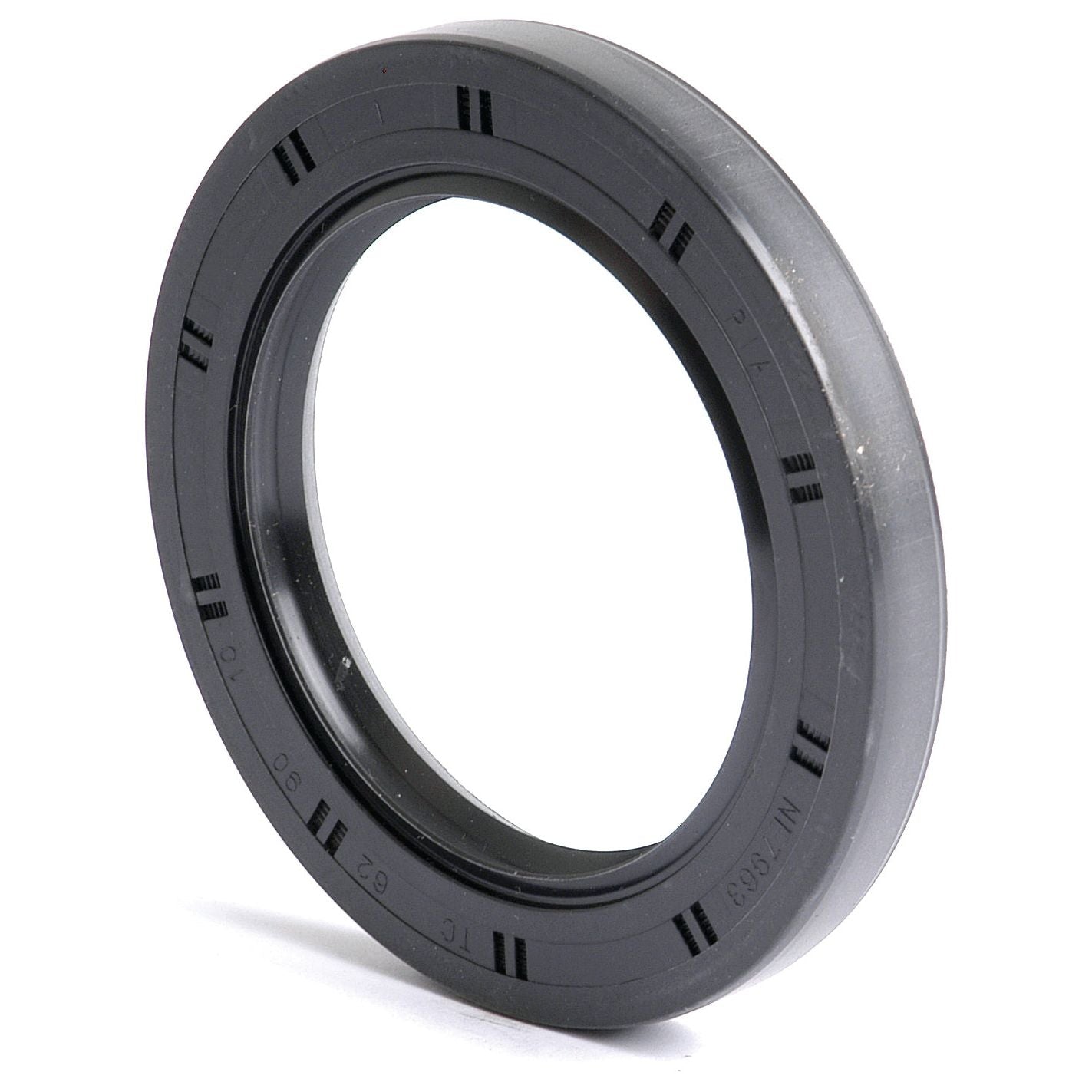 Image of a Sparex Metric Rotary Shaft Seal, 62 x 90 x 10mm Double Lip with ridged markings and numbers along its outer edge. The Sparex Part No.S.50433 features a circular opening in the center.