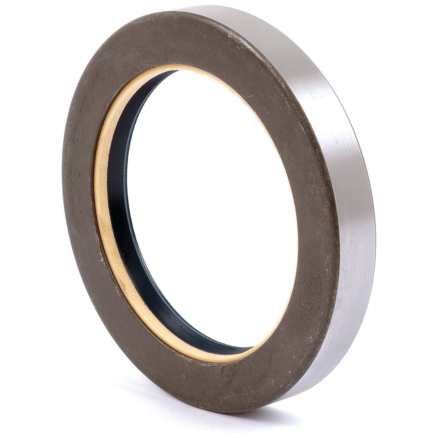 The Sparex Metric Rotary Shaft Seal, Part No. S.62313, is a brown metallic oil seal with a rubber interior ring, commonly used in machinery to prevent oil leakage, and it is sized at 80 x 110 x 16 mm.