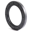 A black Metric Rotary Shaft Seal, 85 x 120 x 12mm Double Lip (Sparex Part No. S.50466), from Sparex, placed on a white surface in a slightly tilted upright position.