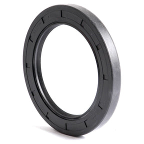 A black Metric Rotary Shaft Seal, 85 x 120 x 12mm Double Lip (Sparex Part No. S.50466), from Sparex, placed on a white surface in a slightly tilted upright position.