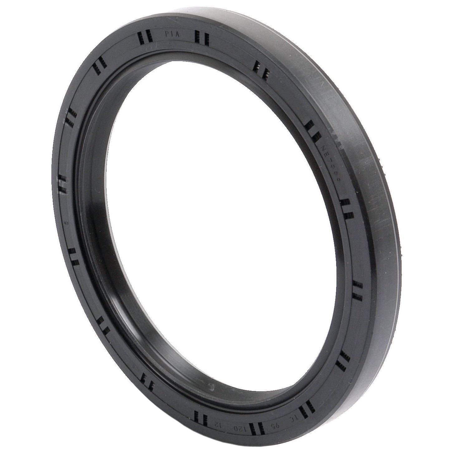 Close-up view of a black rubber oil seal ring with ridges on the outer edge, specifically the Sparex Metric Rotary Shaft Seal (Sparex Part No. S.50471), featuring a double lip design and measuring 95 x 120 x 12mm, used to seal mechanical systems and prevent leakage.