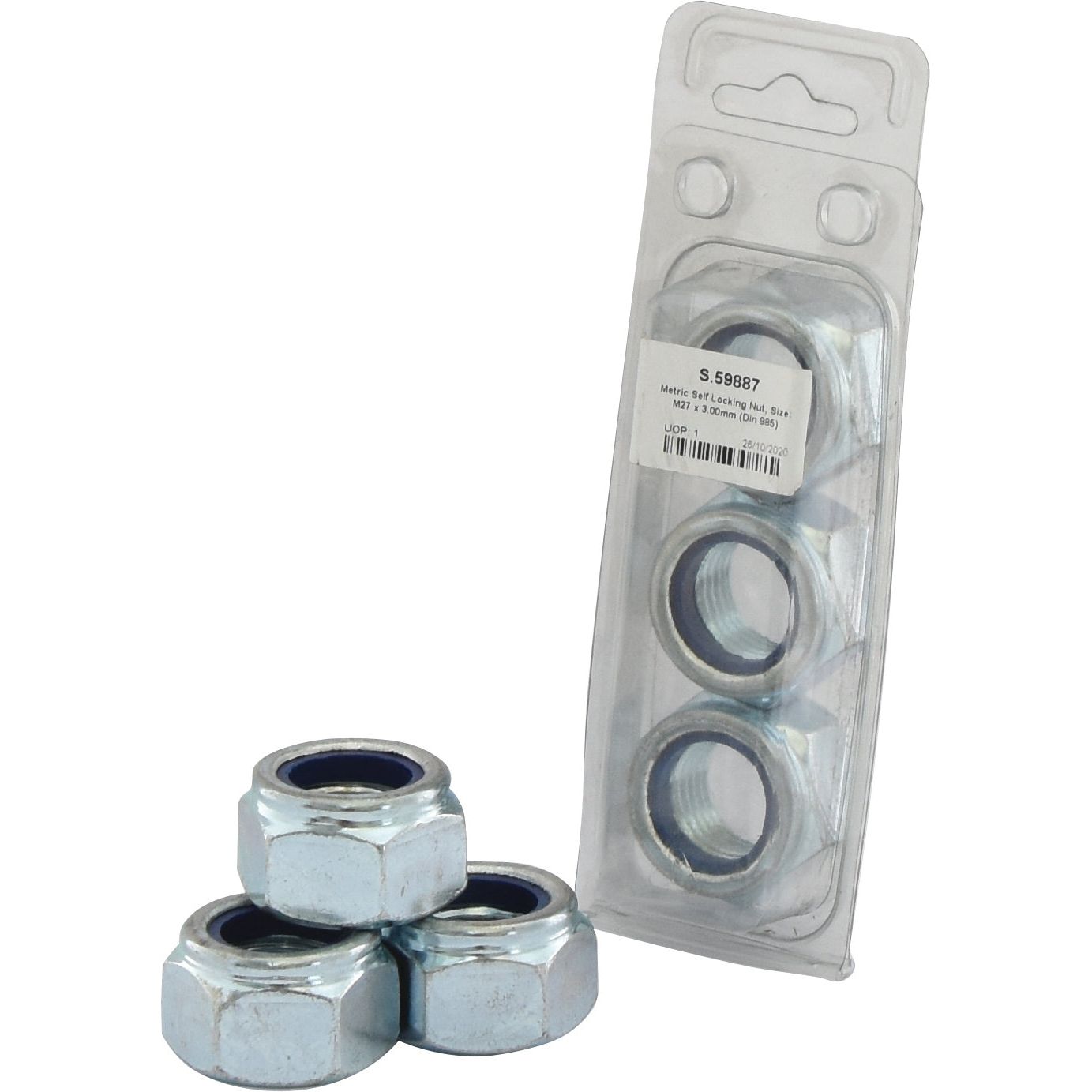 Three zinc-plated hex nuts are displayed next to a clear plastic package containing an additional three metric self-locking nuts (M27x3.00mm, DIN 985). The package has a label with product information and displays the Sparex Part No.S.59887.