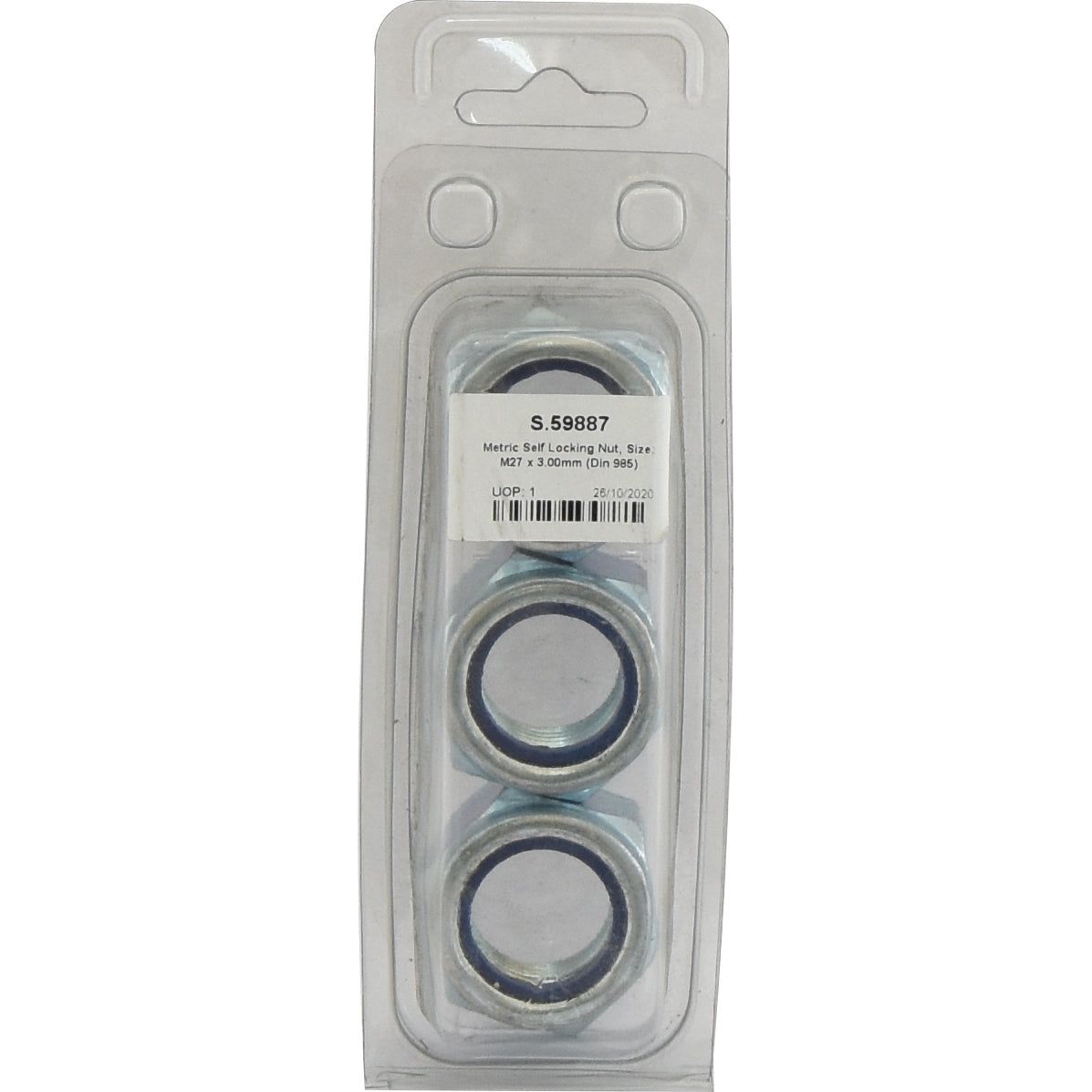 Plastic packaging containing two Sparex Metric Self Locking Nuts, M27x3.00mm (DIN 985) Metric Coarse, with a visible barcode and product code S.59887.