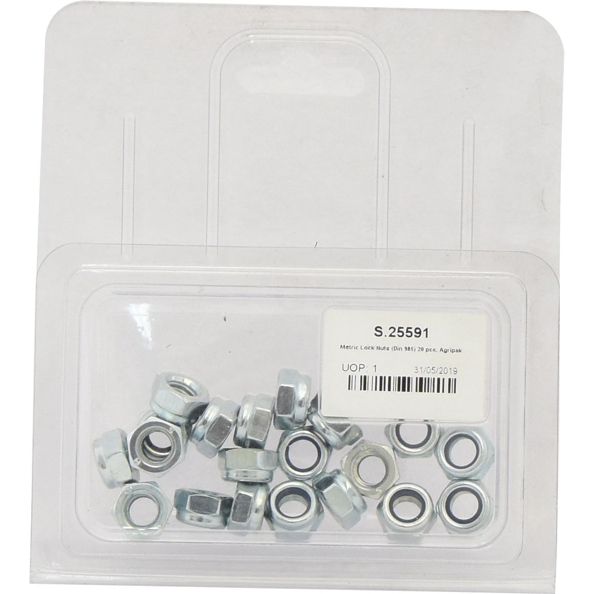 A package of Sparex’s Metric Self Locking Nuts, sized M8x1.25mm (DIN 985) Metric Coarse, with attached washers. The label on the packaging includes a barcode and product code "S.25591".