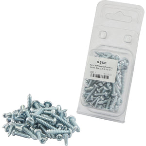 A pile of Sparex Metric Self-Tapping Pozidrive Screws, 2.9 - 5.5x13 - 25mm (DIN 7981B) next to a transparent plastic package containing more screws with a Sparex product label (Part No. S.2438).