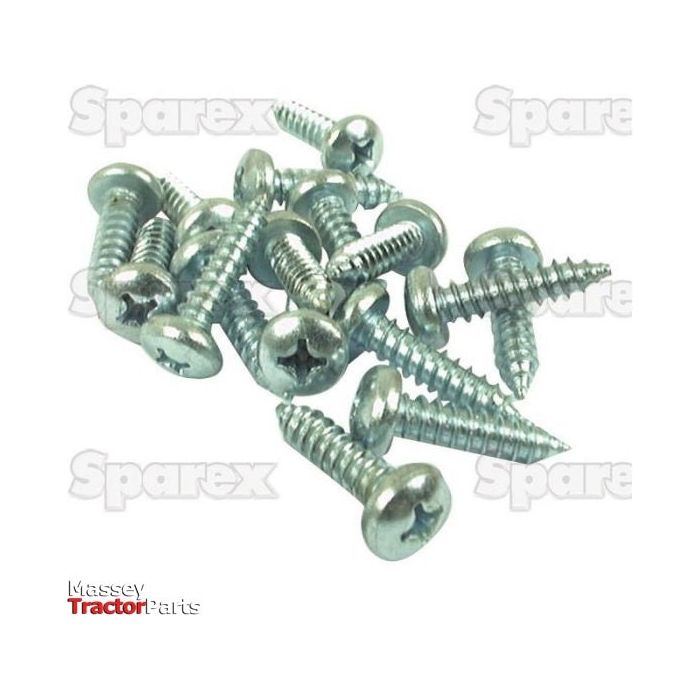 A scattered pile of metal screws with flat, round heads and pointed tips, prominently featuring Metric Self Tapping Pozidrive Screws, M3.5x13mm (DIN Standard No. DIN 7981B) | Sparex Part No.S.54805. The background includes semi-transparent text that reads "Sparex." The bottom-left corner features the text "Massey Tractor Parts.