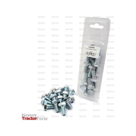 A pack of zinc-plated bolts and nuts in a transparent plastic container, with some scattered outside, sits against a background featuring the Massey Tractor Parts logo. Among the assortment, you can spot a Sparex Metric Setscrew M10x100mm (DIN 933) with an 8.8 tensile strength., Sparex Part No.S.59859