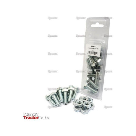 A package labeled as containing Massey Tractor Parts includes zinc-plated bolts and nuts with additional Sparex Metric Setscrew, M10x30mm (Sparex Part No. S.5911, DIN 933, DIN 934) laid out next to it. The setscrews possess a tensile strength of 8.8.