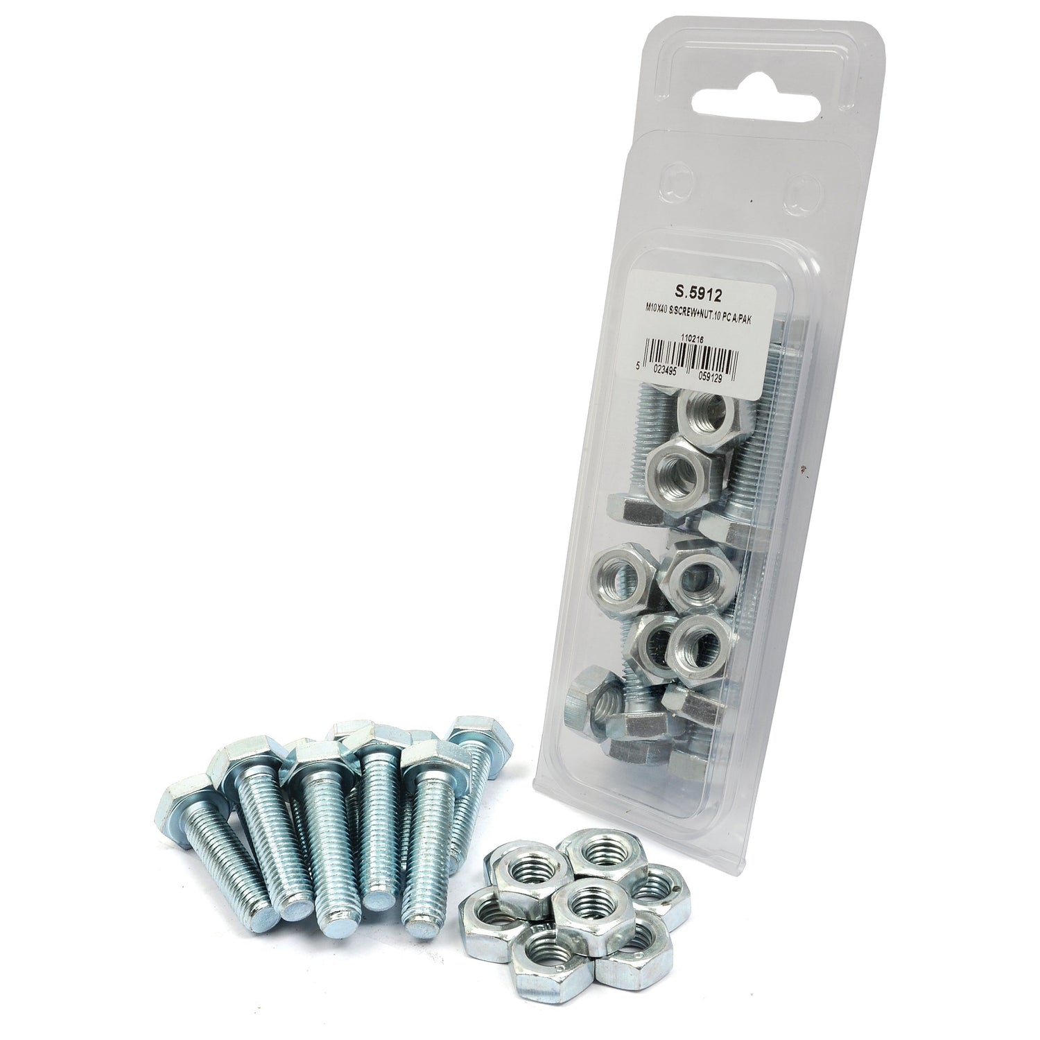 A blister pack of Sparex M10x40mm Metric Setscrew (DIN 933, DIN 934) with a tensile strength of 8.8, arranged next to six hex bolts and eight nuts on a white surface.