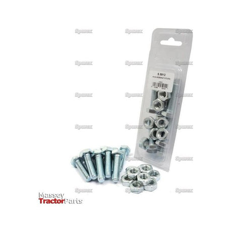 Package of Metric Setscrew, M10x40mm (DIN 933, DIN 934) bolts, nuts, and an additional set displayed in front. The package features a transparent top revealing the zinc-plated contents and a product label with a barcode. Product details: Tensile strength 8.8 | Sparex Part No.S.5912. Brand Name: Sparex