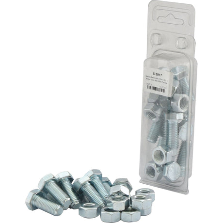 A clear plastic package containing Sparex M12x30mm zinc plated metal bolts and nuts (Sparex Part No. S.5917), with several additional Metric Setscrews placed in front of the package.