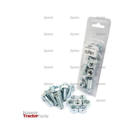 A set of zinc-plated hex bolts and nuts on a white background. Some Metric Setscrews, M12x30mm (DIN 933, DIN 934) with a tensile strength of 8.8 are scattered on the surface, while others are packaged in a plastic bag labeled "Sparex Part No. S.5917." The "Massey Tractor Parts" logo is visible.