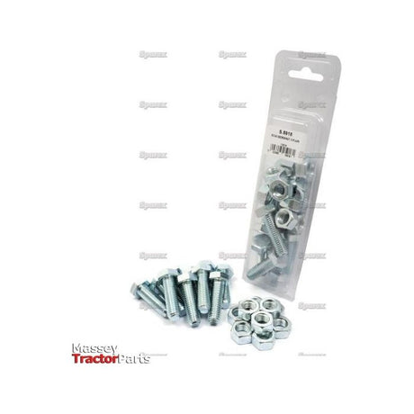 A package labeled "Sparex," containing bolts and nuts, is accompanied by additional loose bolts and nuts. Among them is a Metric Setscrew (M12x40mm, DIN 933, DIN 934) with an 8.8 tensile strength, designated as Sparex Part No. S.5918. The text at the bottom reads "Massey Tractor Parts.