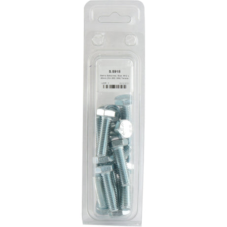 A clear plastic package containing several metallic Metric Setscrews, sized M12x40mm with hex heads. The label indicates the Sparex brand, the specifications including a tensile strength of 8.8, and a barcode; Sparex Part No. S.5918.