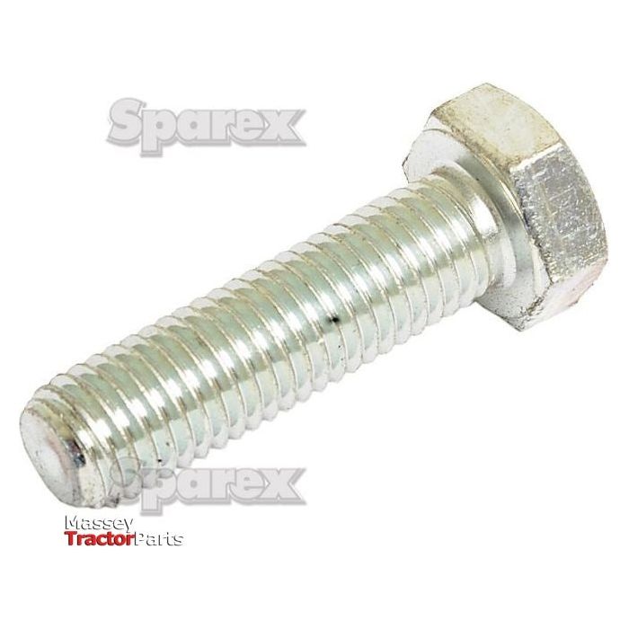 Close-up of a zinc-plated hex bolt labeled "Sparex" with "Massey Tractor Parts" in the background. This M14x50mm Metric Setscrew (DIN 933) features a threaded body and hexagonal head with a tensile strength of 10.9, perfect for various applications. Sparex Part No.S.19315.