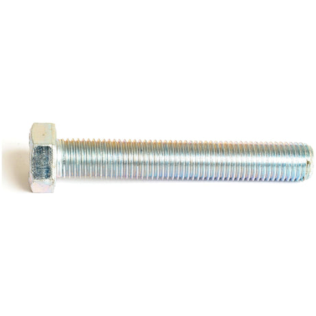 A close-up of a Sparex Metric Setscrew, M16x100mm (DIN 933) with a tensile strength of 8.8, shows the zinc-plated metallic exterior and threads running along most of its length, isolated on a white background.
