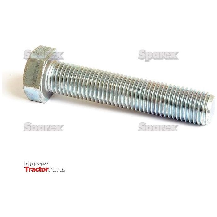 A close-up image of a Sparex Metric Setscrew, M20x100mm (DIN 933), showcasing its zinc plated threads and hexagonal head against a white background. The watermarks feature the text "Sparex" and "Massey Tractor Parts.