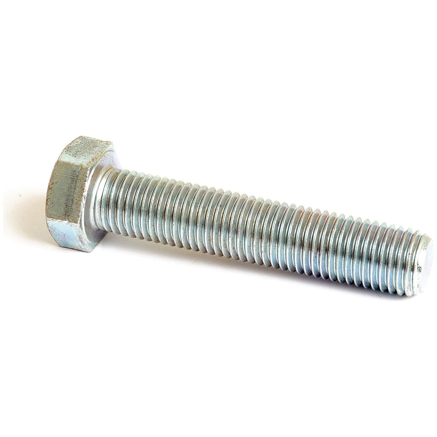 A Sparex Metric Setscrew, M20x100mm (DIN 933) with an 8.8 tensile strength zinc-plated threaded shaft, placed diagonally on a white background.
