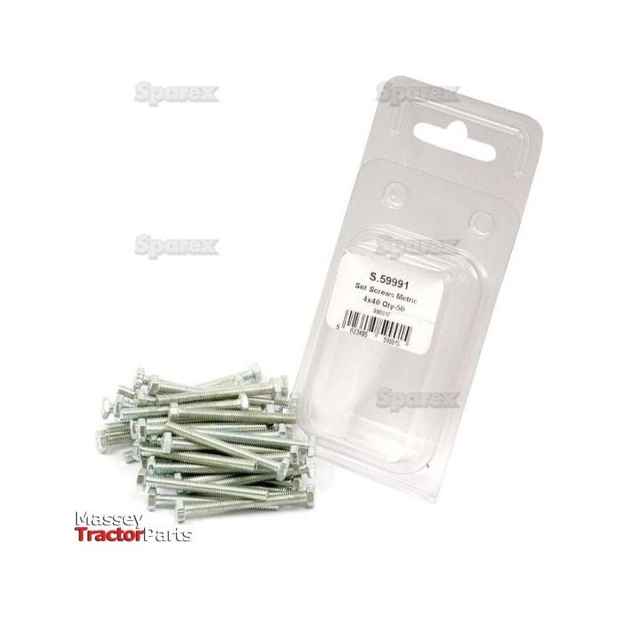 A pack of Metric Setscrew, M4x40mm (DIN 933) from Sparex, with a tensile strength of 8.8, placed next to a transparent plastic case labeled "Sparex Part No. S.59991," against a white background, showcasing the neatly organized Zinc Plated Metric Setscrews.