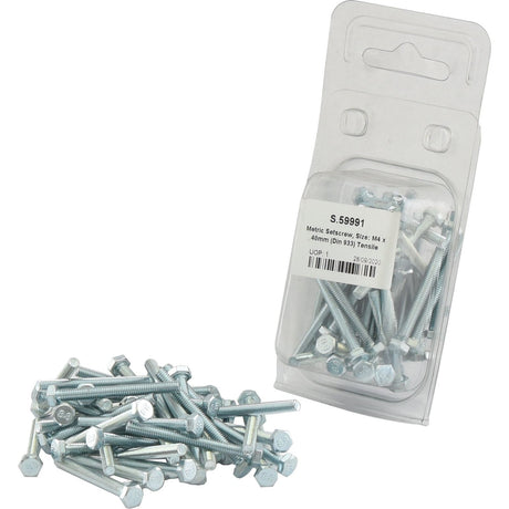 A clear plastic container filled with zinc-plated metal hex bolts and washers, with several bolts scattered in front of it. The label reads "Sparex Metric Setscrew, M4x40mm (DIN 933) Tensile Strength: 8.8 | Part No. S.59991".