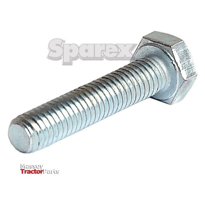 A close-up of a Sparex Metric Setscrew, M8x50mm (DIN 933) with threading and a tensile strength of 8.8, set against a white background. Logos for Sparex and Massey Tractor Parts are visible.