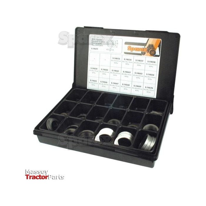 A black plastic organizer box with multiple compartments containing various automotive parts, including metric shim washers (ID: 15-45mm, OD: 22-55mm, DIN 988). The inside of the lid features a parts list label, and the box itself is labeled "Massey Tractor Parts," proudly displaying its association with Sparex (Part No. S.14671).