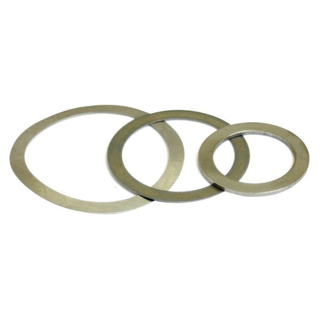 Three Sparex Metric Shim Washers, with internal diameters of 20mm and external diameters of 28mm, arranged in a line on a white background, ordered from smallest to largest in thickness: 1mm (DIN 988 Standard).