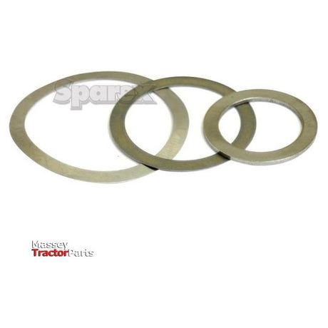 Three metal washers of varying sizes are displayed against a white background with the words "Massey Tractor Parts" and "Sparex" visible. The largest washer is a Metric Shim Washer with a 30mm inner diameter, an outer diameter of 42mm, and a thickness of 0.2mm, compliant with DIN 988 standards (Sparex Part No.S.339301).