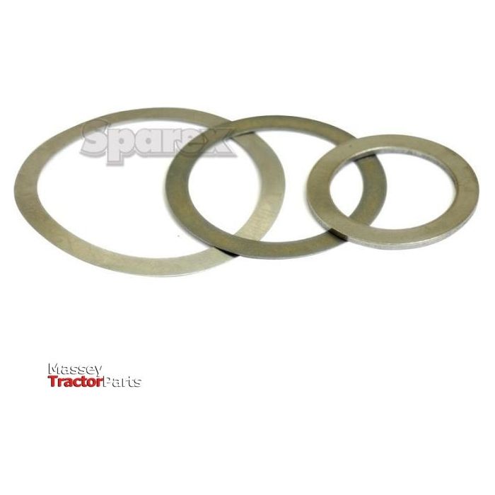 Three metal washers of varying sizes, including a Metric Shim Washer with a 40mm ID, 50mm OD, and 1mm thickness (DIN 988), are arranged side by side against a white background with "Massey Tractor Parts" and "Sparex" in the background. The specific shim washer is identified as Sparex Part No. S.339406.