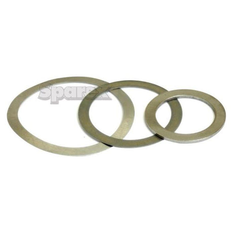 Three metal washers of varying sizes, including a Sparex Metric Shim Washer (ID: 45mm, OD: 55mm, Thickness: 0.5mm, DIN 988), placed side by side on a white background.