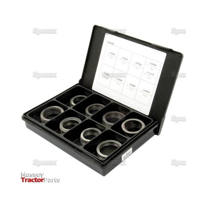 A black case containing various metallic seals with designated compartments. The lid features a chart listing specifications, including a lineup of Metric Shim Washers (ID: 50-60mm, OD: 62-75mm) conforming to DIN 988 standards. The Sparex logo is on the bottom left corner, making it a true Handipak for any technician.