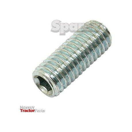 A metal threaded stud bolt with a hollow end, commonly used for machinery, displayed against a white background featuring "Sparex" branding. This M10x10mm Metric Socket Setscrew (Sparex Part No. S.53930) meets the DIN 916 standard and has a tensile strength rating of 14.9.