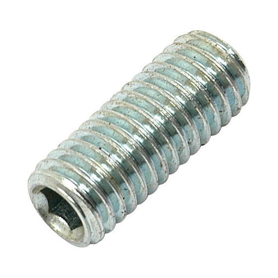 A close-up image of the Sparex Metric Socket Setscrew, Sparex Part No. S.53930, highlighting its cylindrical shape and helical threads. This metal hex socket set screw, adhering to DIN 916 standards with a tensile strength of 14.9, measures M10x10mm for precise applications.