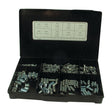 A plastic container with compartments containing various sizes of metal dowel pins. The package includes a size chart affixed to the inside of the lid and features Sparex Metric Socket Setscrews, M4 - 12x6 - 20mm (DIN 916) with a tensile strength rating of 8.8, identified by Sparex Part No. S.2939.