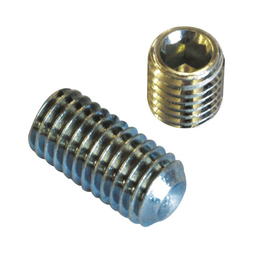Two Sparex Metric Socket Setscrews, one positioned horizontally and the other vertically, highlighting their threaded bodies and hex-shaped socket heads. Conforming to DIN 916 standards, these M4 - 12x6 - 20mm setscrews are identified by Sparex Part No. S.2939 and feature a tensile strength of 8.8.