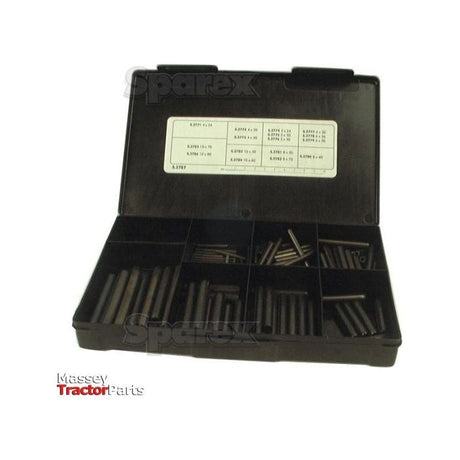 The Metric Spirol Pin Kit | Sparex Part No.S.2787 by Sparex is a black plastic container with compartments that holds an assortment of Metric Spirol Pins. A label on the inside of the lid details the specifications, including DIN 7343 standards.